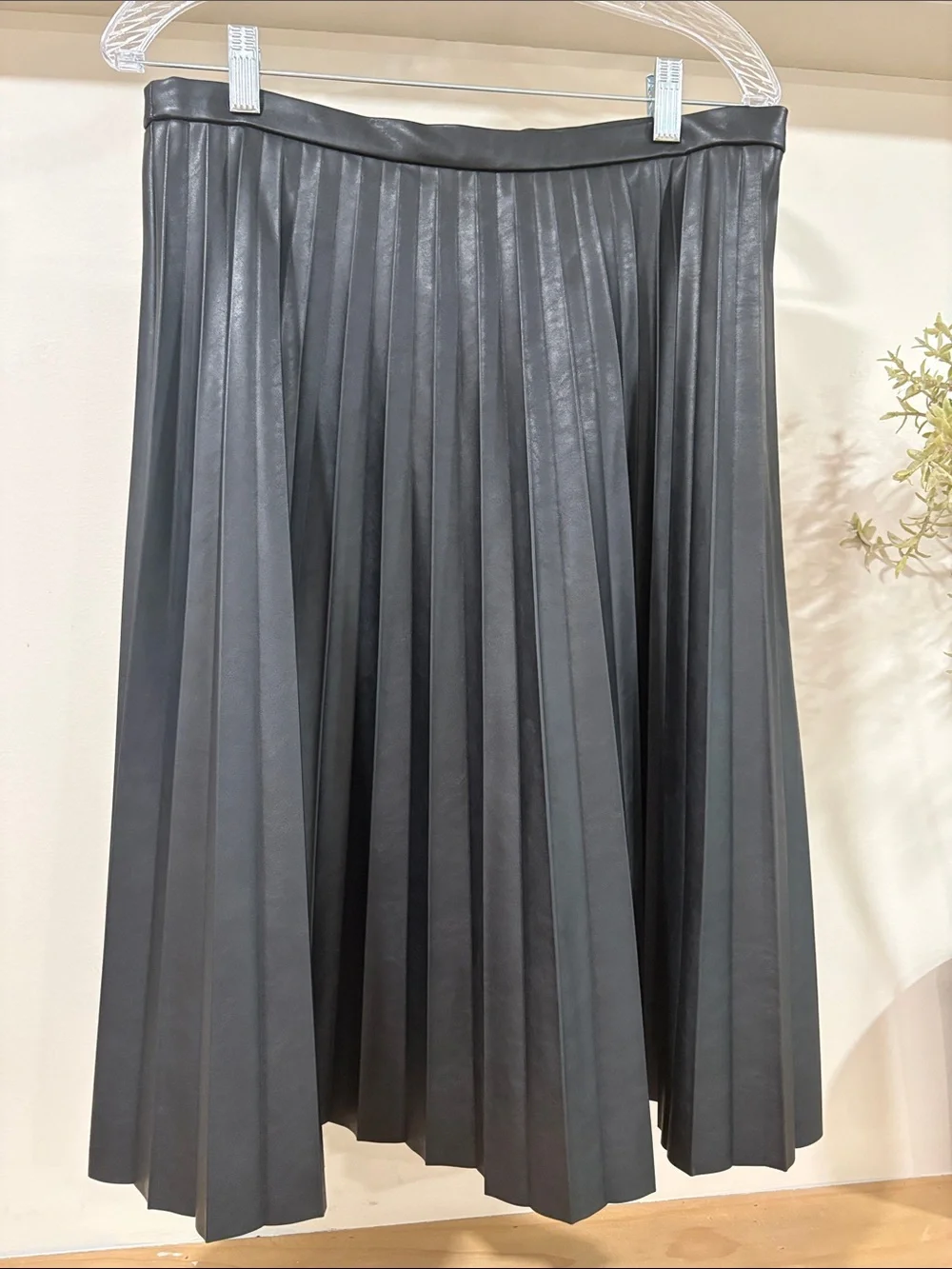 J. Crew Black Pleated Faux Leather Midi Skirt, Size 10, NWT